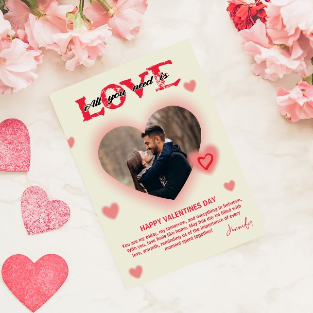Tarjeta Festiva All You Need Is Love Valentines Day Heart Photo (All You Need Is Love Valentines Day Heart Photo Holiday Card red heart template script happy couple)