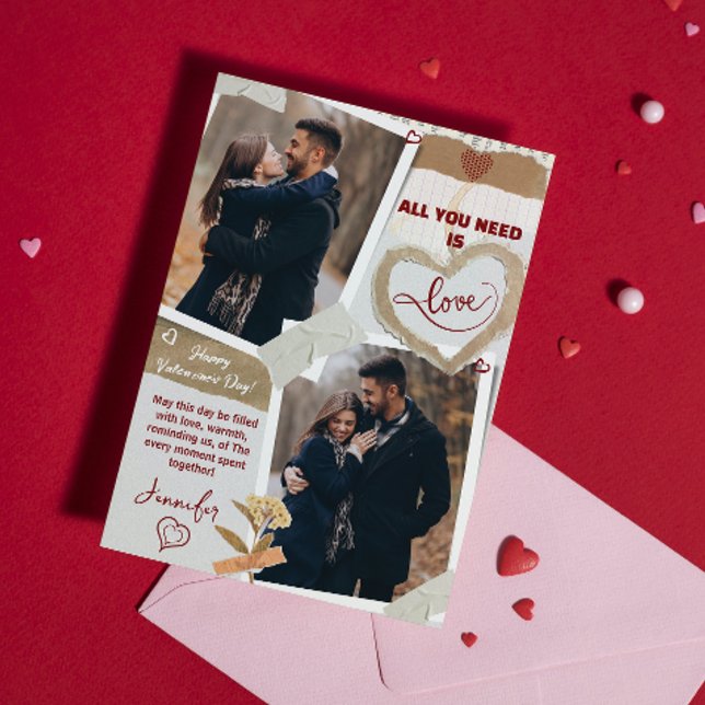 Tarjeta Festiva All You Need Is Love Valentines Day Photo Heart  (all you need is love valentines day cards modern couple cute typography boyfriend heart red unique)