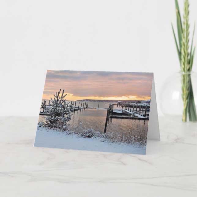 Tarjeta Festiva Amanecer de invierno sobre Plymouth, puerto de MAM (Anverso)