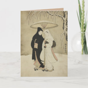 Tarjeta Festiva Amantes de época bajo un paraguas