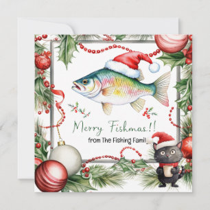 Tarjeta Festiva Amantes de la pesca Navidades de Santa Claus Gato 
