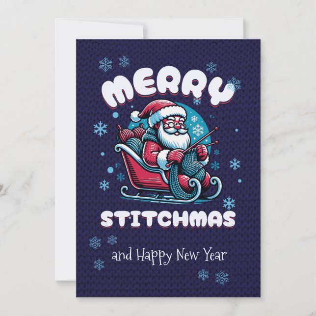 Tarjeta Festiva Amantes de Santa Knitting de Merry Stitchmas (Anverso)
