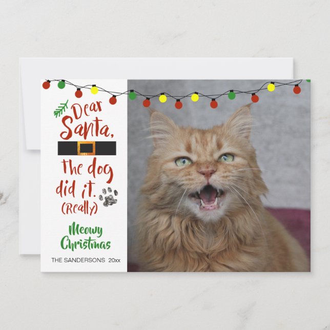 Tarjeta Festiva Amantes del gato: "Querido Santa, el perro lo hizo (Anverso)