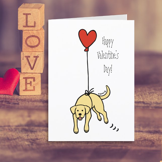 Tarjeta Festiva Amarillo Labrador Hearloon Balloon Valentine (Yellow Labrador Heart Balloon Valentine's Day Cards for Labrador Owners.  Cartoon Art Design.)