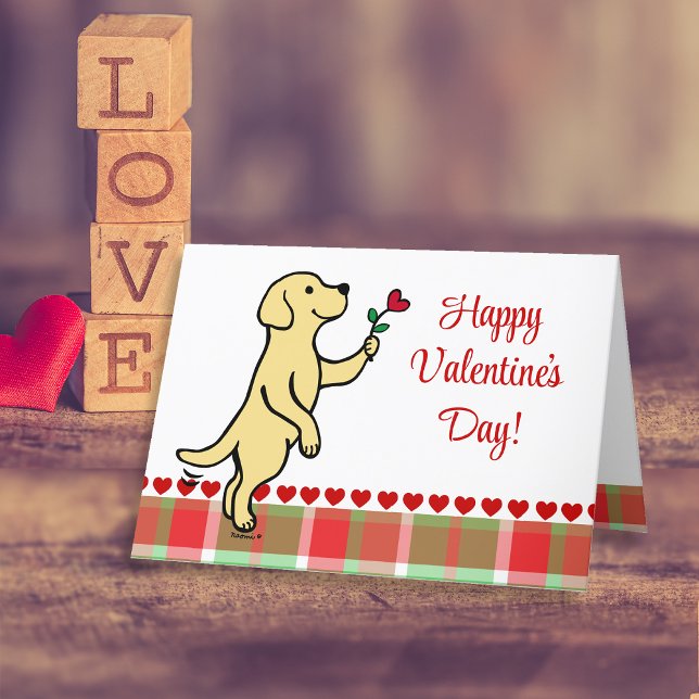 Tarjeta Festiva Amarillo Labrador Tiny Heart Flower Valentine (Yellow Labrador Tiny Heart Flower Valentine's Day Cards for Labrador Owners.  Sweet cartoon design.)