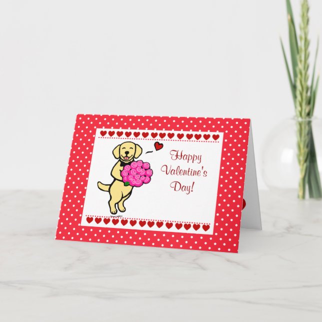 Tarjeta Festiva Amarillo Labrador y Rosas Valentín (Anverso)