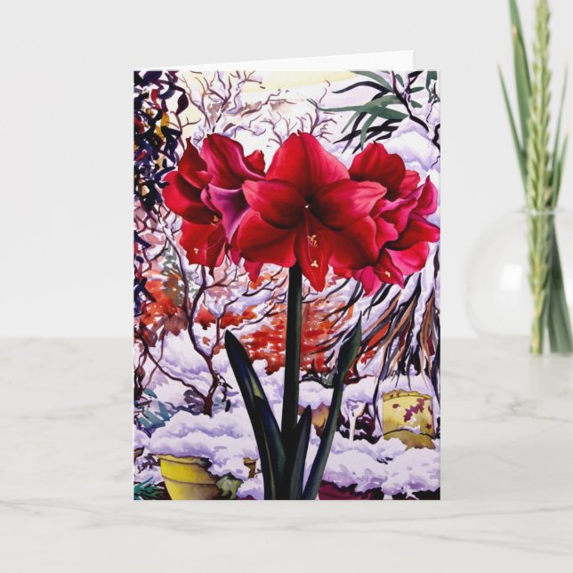 Tarjeta Festiva Amaryllis por ventana de nieve (Anverso)