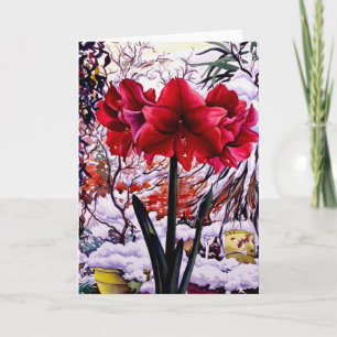 Tarjeta Festiva Amaryllis por ventana de nieve