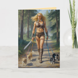 Tarjeta Festiva Amazon Warrior Walkin' the Dog Card