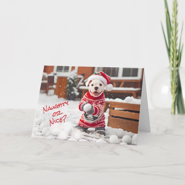 Tarjeta Festiva American Bulldog Pup Making Snowball Card (Anverso)