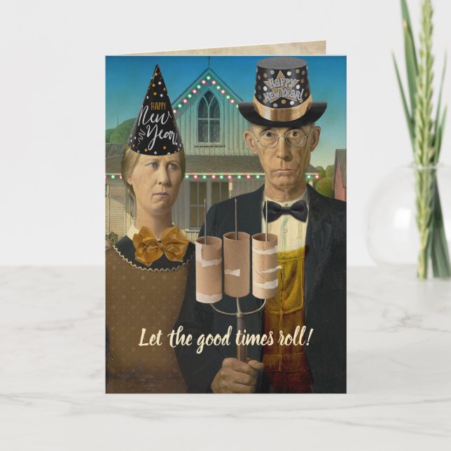 Tarjeta Festiva American Gothic Feliz Año Nuevo sin la drama del 2 (Anverso)