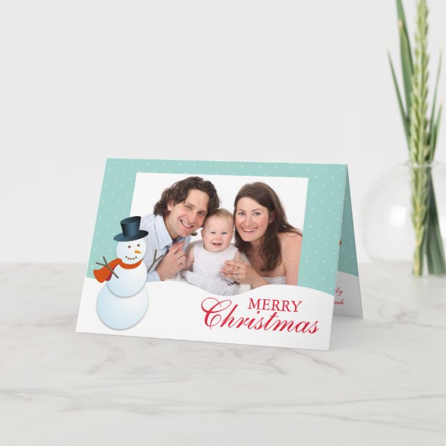 Tarjeta Festiva Amigable muñeco de nieve en el polo norte foto de  (Anverso)