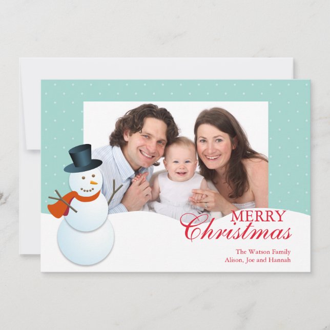 Tarjeta Festiva Amigable muñeco de nieve en el polo norte foto de  (Anverso)