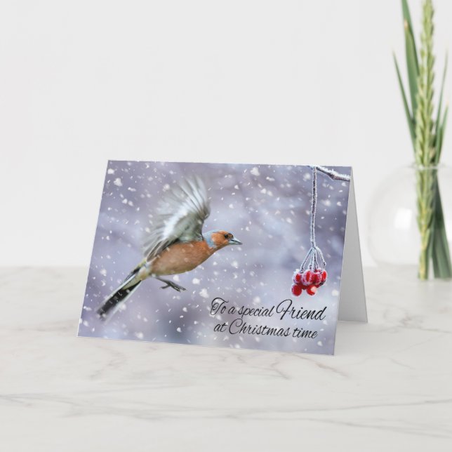 Tarjeta Festiva Amigo Chaffinch En Invierno Saludo De Nieve (Anverso)
