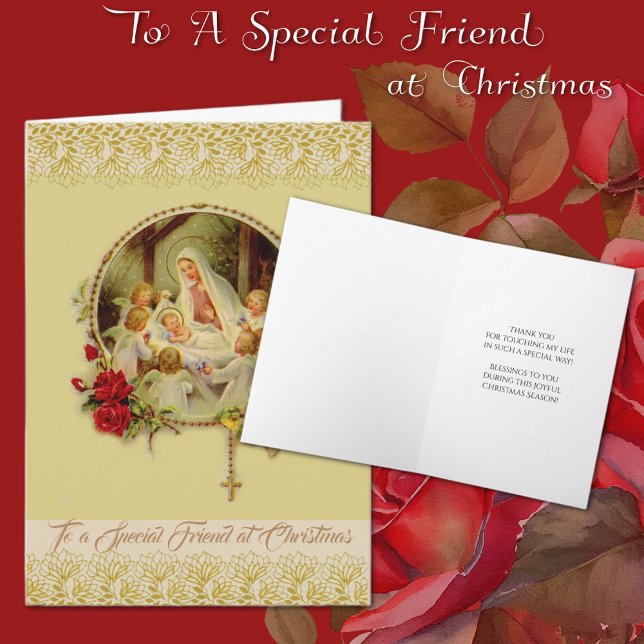 Tarjeta Festiva Amigo especial religioso en Navidades (Christmas Vintage Catholic Friendship Card with holy rosary and Virgin Mary & Jesus)