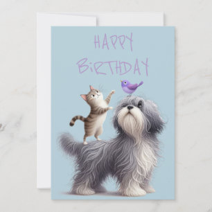 Tarjeta Festiva Amistad extravagante con perros, gatos y aves