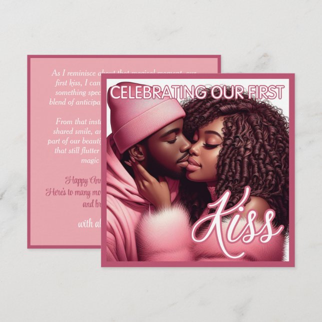 Tarjeta Festiva Amo a la pareja afroamericana primero beso (Anverso / Reverso)