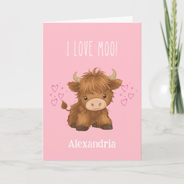Tarjeta Festiva Amo a Moo Highland Cow San Valentín (Anverso)