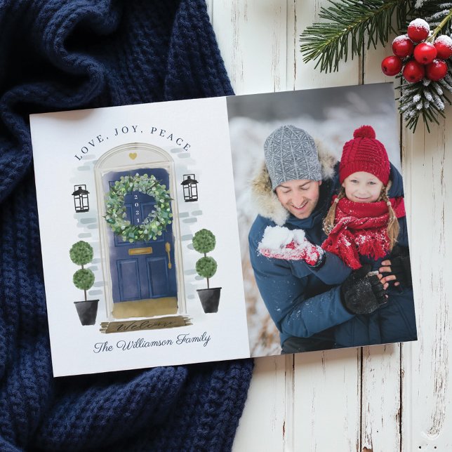 Tarjeta Festiva Amor, Alegría, Paz Marina acuarela Foto de la puer (Love, Joy, Peace Navy Watercolor Front Door Photo Holiday Card)