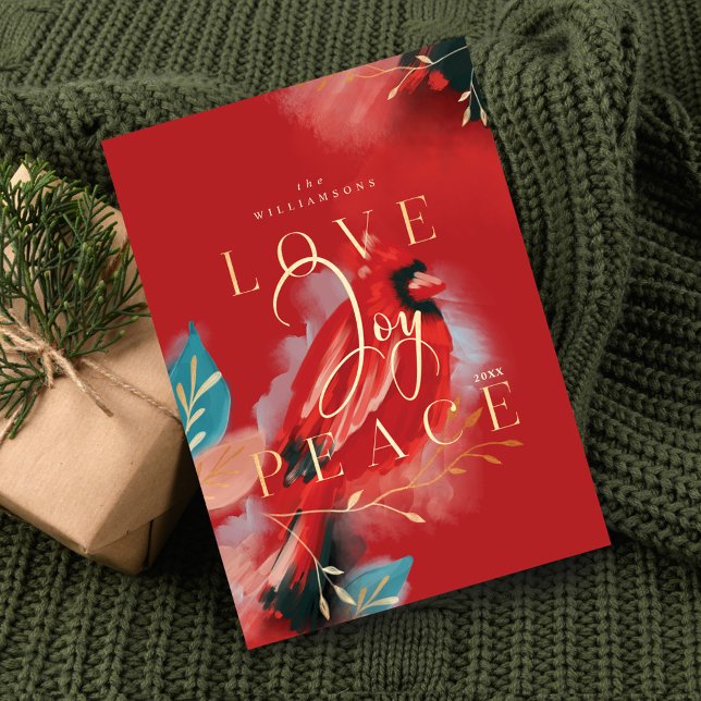 Tarjeta Festiva Amor Alegría y Paz Cardenal Rojo (Love Joy & Peace Red Cardinal Watercolor Red Holiday Card)
