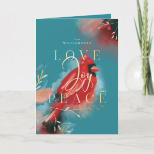 Tarjeta Festiva Amor Alegría y Paz Cardenal Rojo Acuarela Azul Tea