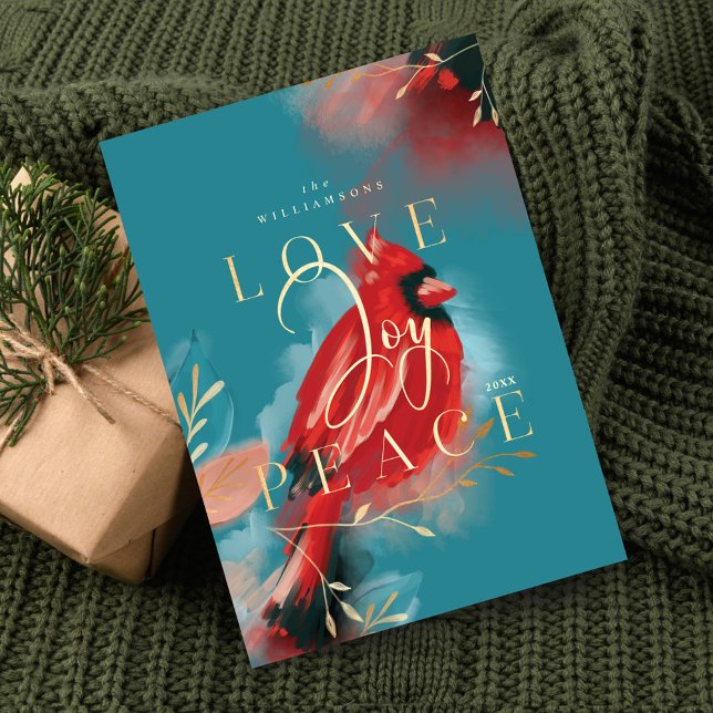 Tarjeta Festiva Amor Alegría y Paz Cardenal Rojo Acuarela Azul Ver (Love Joy & Peace Red Cardinal Watercolor Teal Blue Holiday Card)