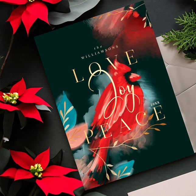 Tarjeta Festiva Amor Alegría y Paz Cardenal Rojo Acuarela Ebony (Love Joy & Peace Red Cardinal Watercolor Ebony Holiday Card)