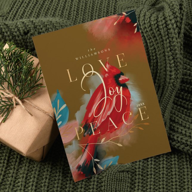 Tarjeta Festiva Amor Alegría y Paz Cardenal Rojo Acuarela Verde (Love Joy & Peace Red Cardinal Watercolor Green Holiday Card)