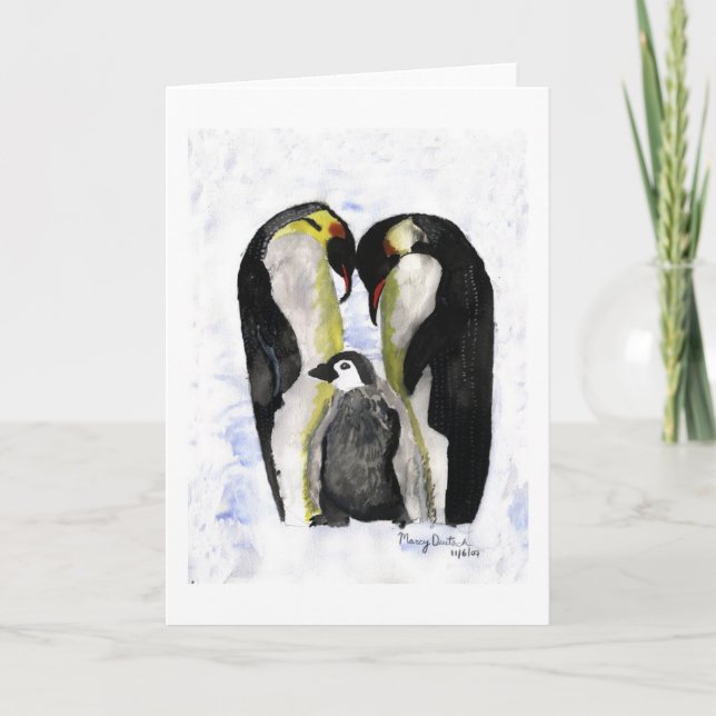 Tarjeta Festiva Amor del pingüino del artista autístico Marcy (Anverso)
