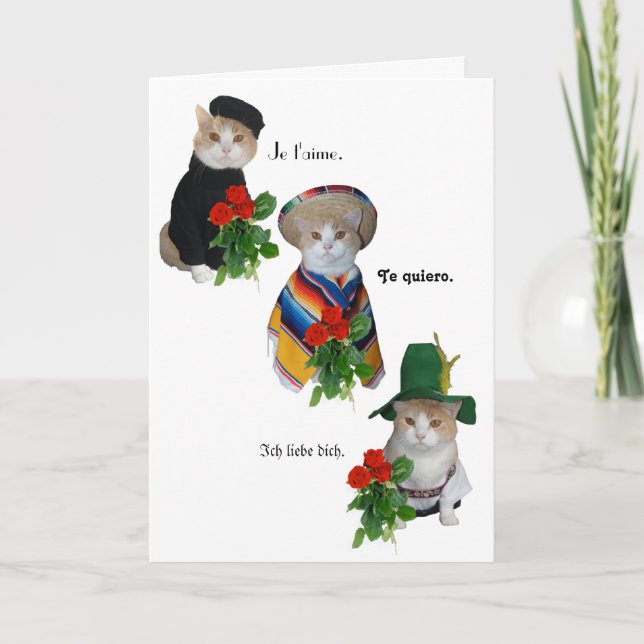 Tarjeta Festiva Amor gato/gatito gracioso en cuatro idiomas Valent (Anverso)