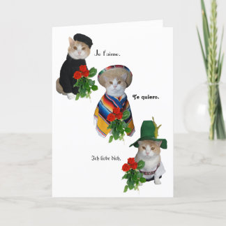 Tarjeta Festiva Amor gato/gatito gracioso en cuatro idiomas Valent