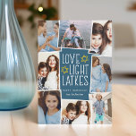 Tarjeta Festiva Amor, luz y linternas | Collage de fotos Hanukkah<br><div class="desc">La tarjeta de fotos divertida y festiva Hanukkah muestra ocho fotos dispuestas en un collage. "Amor,  luz,  golpes" aparece en el centro con letras blancas en un fondo azul oscuro acentuado con estrellas. Personaliza con tus nombres y el año.</div>