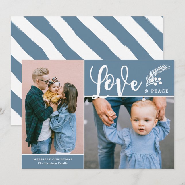 Tarjeta Festiva Amor moderno y paz dos fotos azul (Anverso / Reverso)