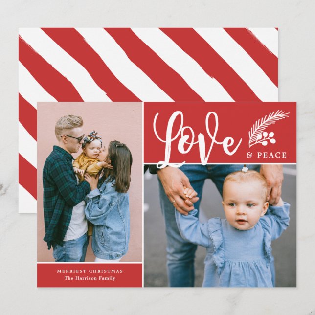 Tarjeta Festiva Amor moderno y paz Dos fotos Rojo (Anverso / Reverso)
