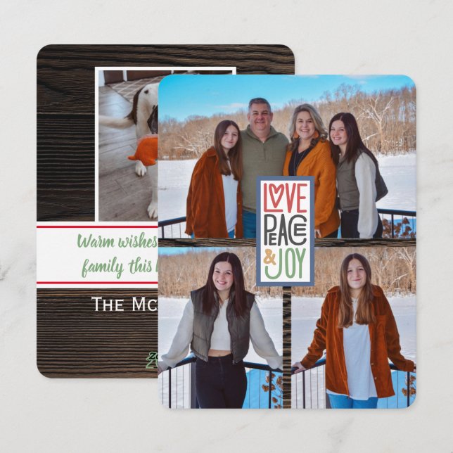 Tarjeta Festiva Amor Paz & Alegría (agrega tus fotos) Madera Rústi (Anverso / Reverso)