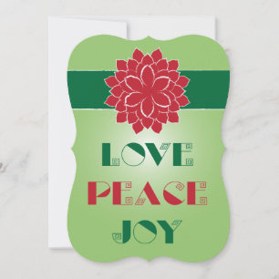 Tarjeta Festiva Amor, Paz, Alegría modernos en verde y rojo, cita