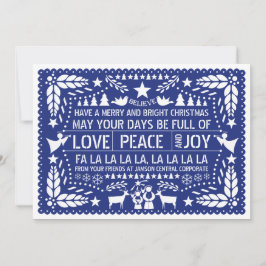 Tarjeta Festiva Amor, paz, alegría Navidades azules de picado