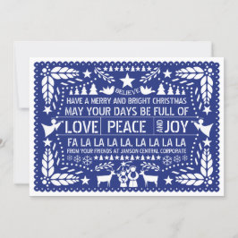 Tarjeta Festiva Amor, paz, alegría Navidades azules de picado