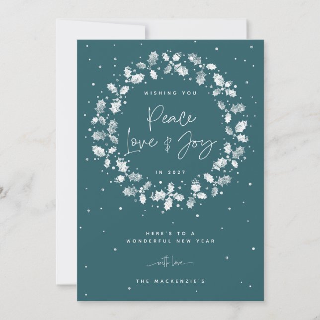 Tarjeta Festiva Amor por la Paz Verde + Joy Hand Printed Holly Wre (Anverso)
