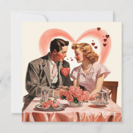Tarjeta Festiva Amor retro pareja corazones rojos San Valentín