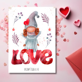 Tarjeta Festiva Amor Rojo Con Acuarela Lady Gnome Valentine