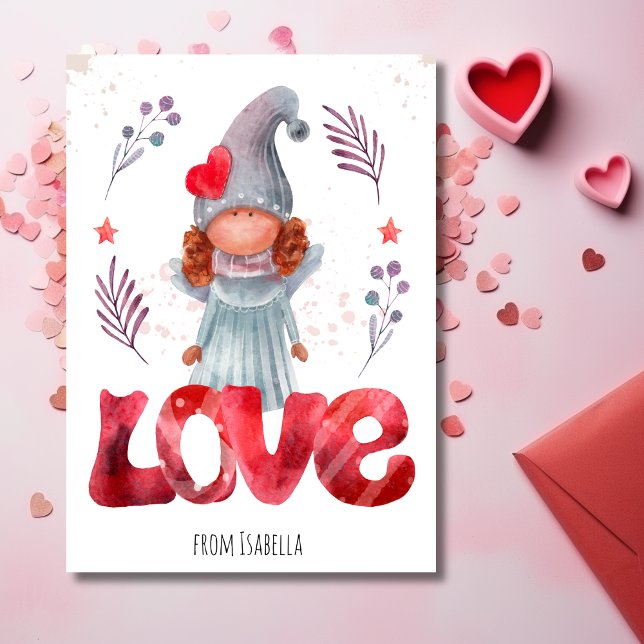 Tarjeta Festiva Amor Rojo Con Acuarela Lady Gnome Valentine (Red Love With Watercolor Lady Gnome Valentine Holiday Card - Charming Illustration, Ideal for Kids)
