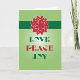 Tarjeta Festiva Amor verde y rojo moderno, paz, cita de alegría