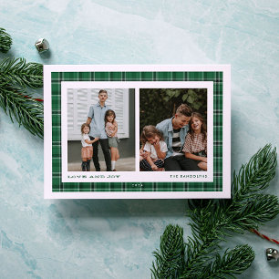 Tarjeta Festiva Amor y Alegría de Cuadros Verdes Doble Foto