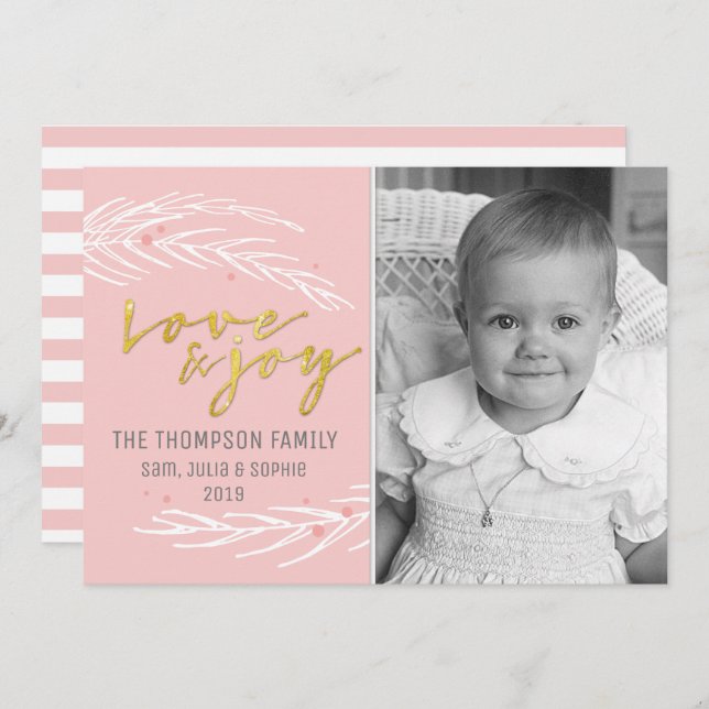 Tarjeta Festiva Amor y Alegría de Oro Rosa Navideño Moderno (Anverso / Reverso)