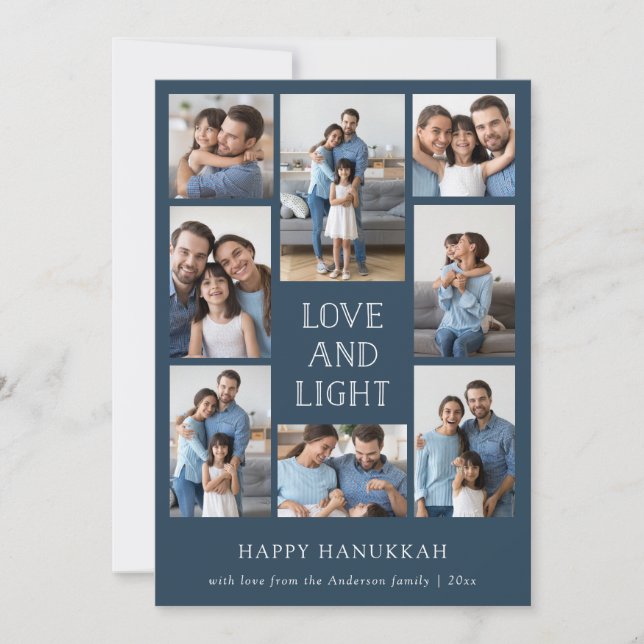 Tarjeta Festiva Amor y luz | Blue Multi Photo Family Hanukkah (Anverso)