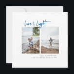 Tarjeta Festiva Amor y luz moderna foto Minimalista Hanukkah<br><div class="desc">Diseño de tipografía minimalista moderna "Love & Light",  tarjeta fotográfica de Hanukkah. Características,  dos espacios verticales centrados de fotos,  escritura azul y respaldo de color sólido de coordinación. Líneas de texto de plantilla para saludo corto,  nombre de familia y año.</div>