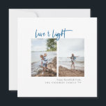 Tarjeta Festiva Amor y luz moderna foto Minimalista Hanukkah<br><div class="desc">Diseño de tipografía minimalista moderna "Love & Light",  tarjeta fotográfica de Hanukkah. Características,  dos espacios verticales centrados de fotos,  escritura azul y respaldo de color sólido de coordinación. Líneas de texto de plantilla para saludo corto,  nombre de familia y año.</div>