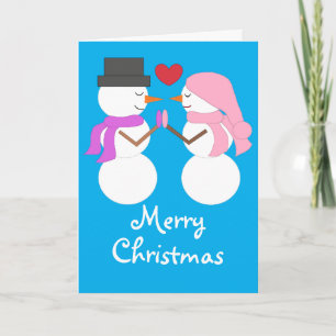 Tarjeta Festiva Amor y muñecos de nieve: Blanco azul verdoso