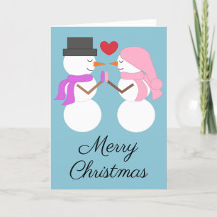 Tarjeta Festiva Amor y muñecos de nieve: Manta azul claro